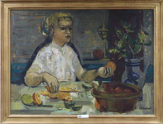 J.M. Hubert, oil on canvas, child peeling oranges, signed, 73 x 99cm